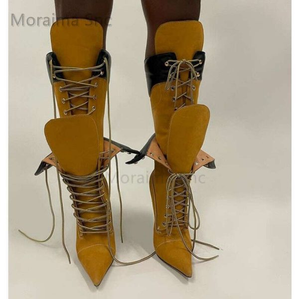 Yellow Patchwork Long Boots Women Sexy Pointy Toe Front Lace Up Heel Knee High Boots Ladies Trendy Party Mixed Color Shoes