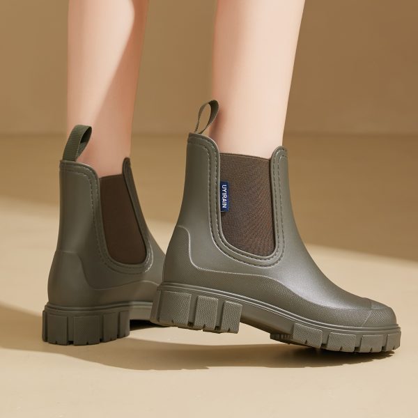 Womens Mid-Calf Rain Boots - Waterproof, Non-Slip, and Easy to Wear with Elasticated Trim and Pull Loop - Fashionable Korean and Japanese Style, PVC Sole, and Fabric Lining