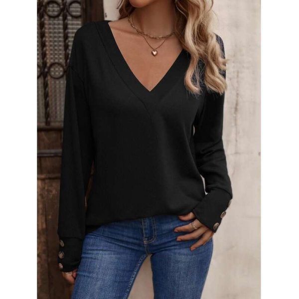 2024 Womens Autumn/Winter New Solid Color V-neck Loose Long sleeved T-shirt Button Up