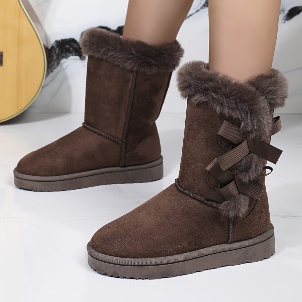 Womens Fashion Mid-Calf Plush Snow Boots with Bowknots - Soft Fabric Inner, Cartoon Pattern, Round Toe, PVC Sole - Warm and Casual Winter Footwear for Cold Weather