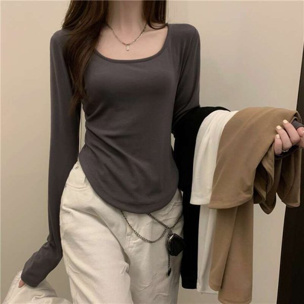 Autumn/Winter Long sleeved T-shirt Womens Instagram Irregular Slim Fit Short Top Bottom Shirt