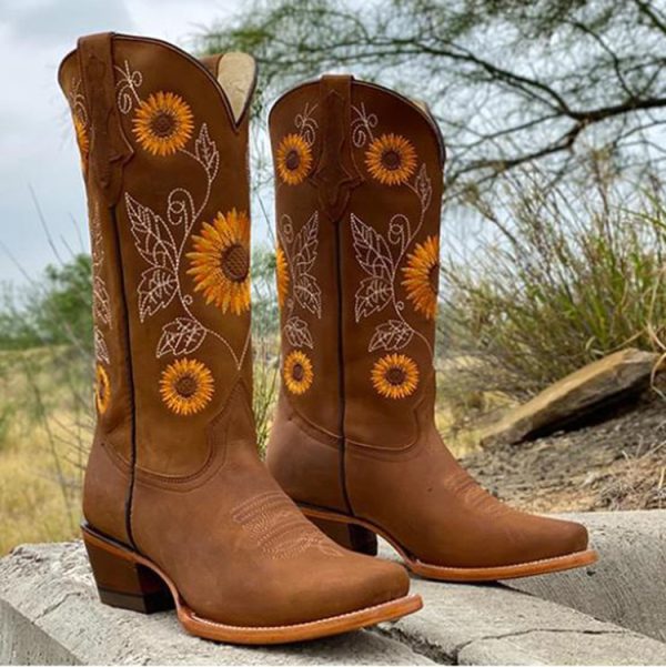 Womens Western Mid Calf Boots, Fashion Sunflower Embroidery Zipper Shoes, Womens Footwear