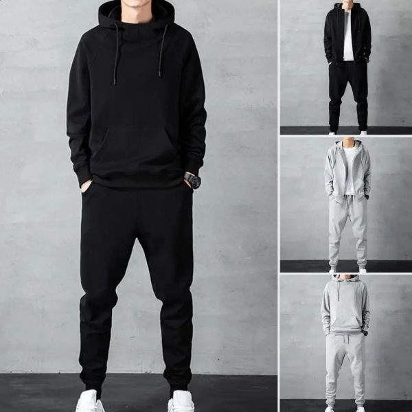 1 set of fashionable mens sportswear tracksuit mens jacket Hooded Drawstring Hood sportswear set Dressing 240907