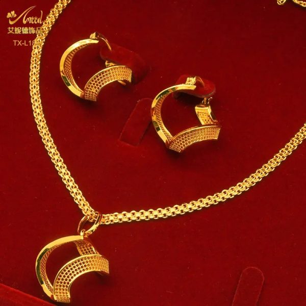 24K gold-plated two-piece copper jewelry set Dubai jewelry India gold warp knitted geometric necklace earrings 240910