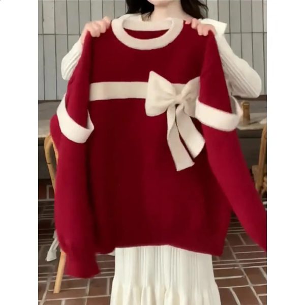 2024 Christmas Bow Pullover Sweater for Women Thickened for Autumn and Winter Niche and Lazy Style High-end Feeling 240911