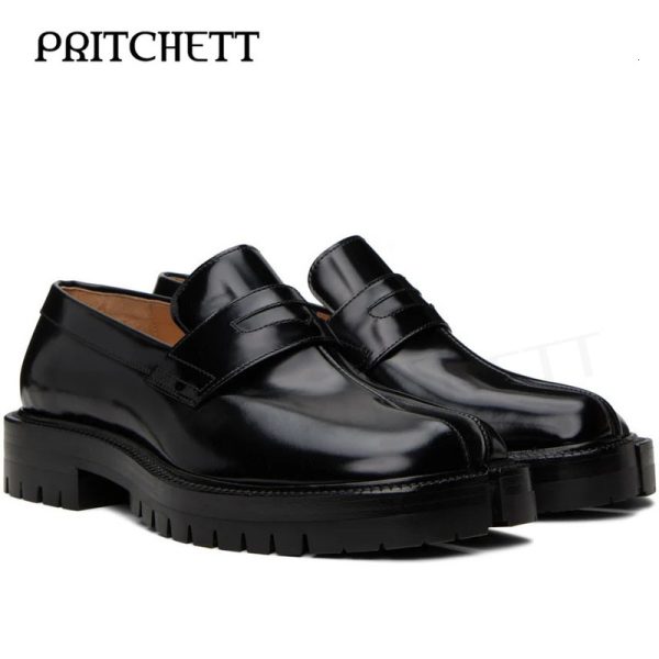 Black Tabi Loafers Round Toe Square Root Slip On Genuine Leather Casual Shoes Business Formal Fashion Men's Shoe