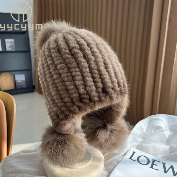 Winter Real Mink Fur Hat For Women Knitted Mink Fur Ear Warm Cap The Spiral Beanies Cap With Fox Fur Pompom On The Top 240910