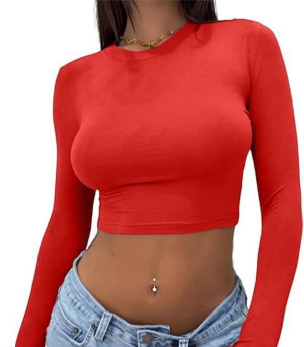 Women's T Shirts Sexy girl solid color round neck slim fit exposed navel long sleeved T-shirt Women's clothing