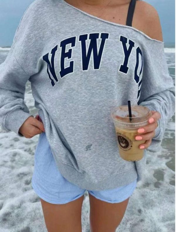 Women's T Shirts Casual loose fitting pullover women's simple letter printed off shoulder long sleeved sportswear women's clothing