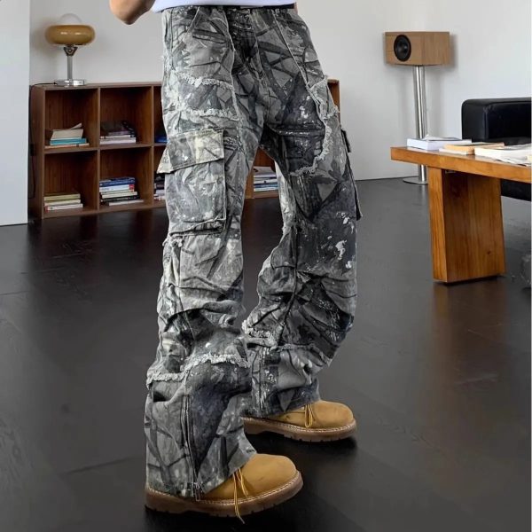 American hiphop fashion camouflage high waisted cargo pants mens multi pocket straight runner wide leg backpack Trouser 240912