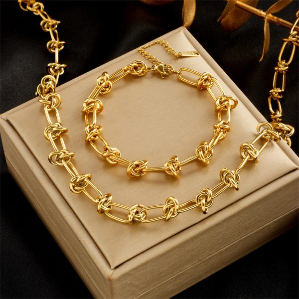 18k Gold Wire Knot Chunky Chain Necklace Bracelet Designer Jewelry Set Non Tarnish Stainless Steel Adjustable Chain Necklaces for Woman Man Heavy Metal Fine Jewelry