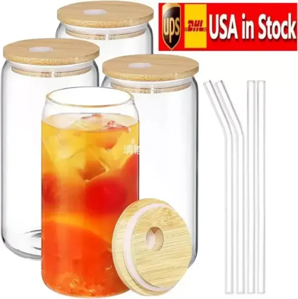 US CA STOCK 16oz Sublimation Can Glasses Beer Glass Tumbler Frosted Drinking with Bamboo Lid and Reusable Straw Canada Stock 5118