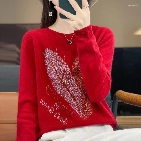 Women's Sweaters Year Red Fashion Merino Wool Cashmere Sweater Round Neck Long Sleeve Pullover Top