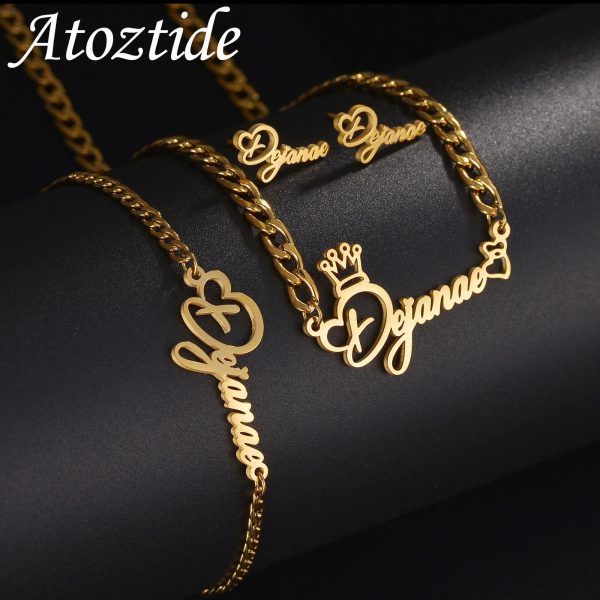 Atoztide Personalized Custom Name Necklace Bracelet Stud Earring Jewelry Set Stainless Steel For Women NK Chain Birthday Gift 240903