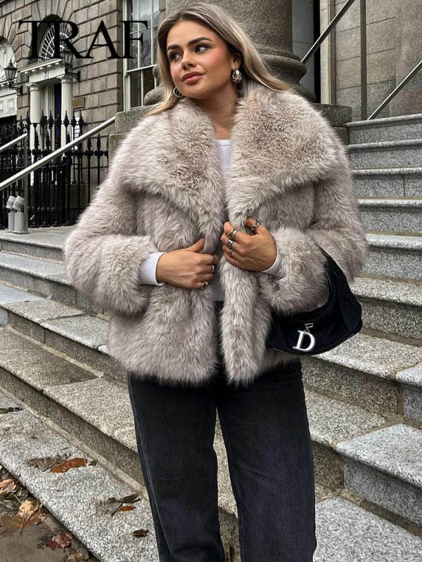 TRAF 2024 Women Fashion Cropped Faux Fur Jacket Long Sleeve Front Snap-Button Female Outerwear Chic Lapel Collar Thick Coat