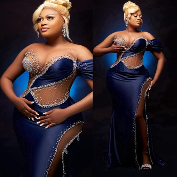 2024 Plus Size Navy Prom Dress Evening Dresses Mermaid Illusion Formal Gown Sheer Neck Side Split Beaded Birthday Dress Second Reception Gowns Abendkleider AM1323