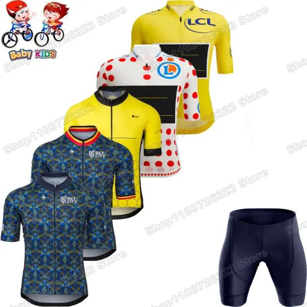 2024 Kids France Tour Cycling Jersey Set Wout van Aert Jonas Vingegaard Boy Girls Clothing Children Road Bike Shirt Pant 240910