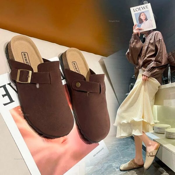 Black Women's Fashion Suede Mules Slippers Women Clogs Cork Insole Flip Flops With Arch Support Outdoor Beach Slides Home Shoes