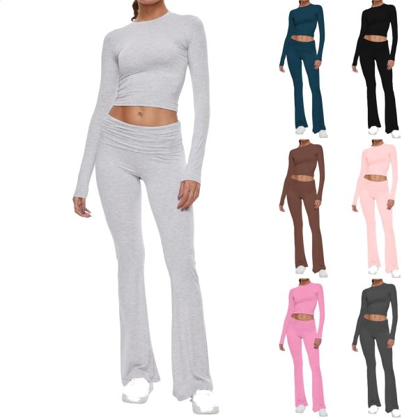 Womens Yoga Sets Crew Neck Long Sleeve Crop Tee and Low Rise Flare Pants Tracksuit Slim Fit Two Piece Outfits 240914