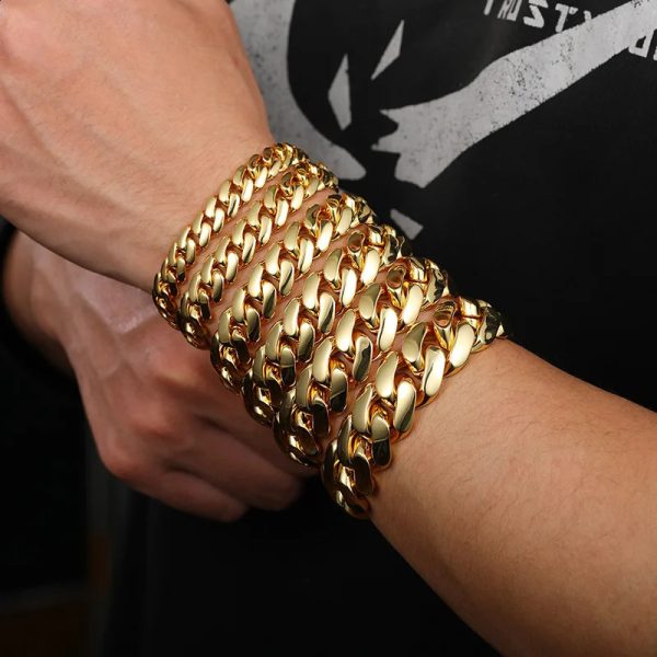 10mm-22mm wide Hip Hop Bling Gold Color Round Miami Curb Cuban Link Chain Bracelets for Men Rapper Jewelry Drop 240910