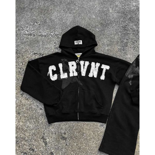 Black CLRVNT Trendy Brand America Streetwear Y2K Letter Patchwork Zip Up Hoodie Gothic Punk Rock Men Women Sweatsuit Hoodies