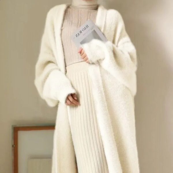 white Long Cardigan for women 2024 winter clothes Knitted fluffy long sleeve Cashmere sweater coat clotkorean style warm vintage 240910