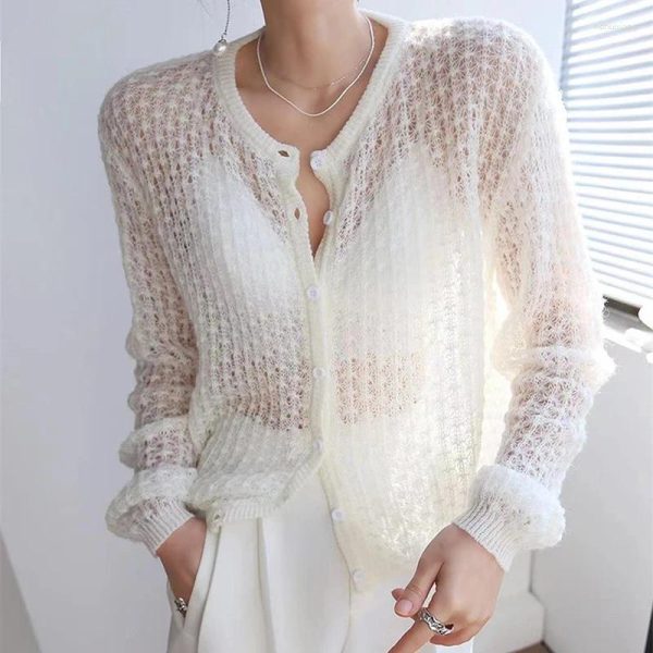 Women's Sweaters 2024 Hollow Out See Through Cardigan Lady Fashion Long Sleeve Single Breasted Button Knitted Sweater Women Autumn Sweet