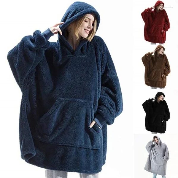 Blankets MIDSUM Winter Hooded Sweater Blanket Women Oversized Fleece With Sleeves Large Pocket Warm Thick TV Hoodie Robe Couple