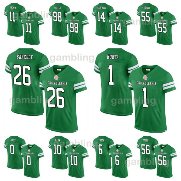 26 Saquon Barkley Jalen Hurt Kelly Green Custom Football Jersey Brown Carter DeVonta Smith Jason Kelce Kenny Pickett Cooper DeJean Huff Lane Johnson Mailata Goedert