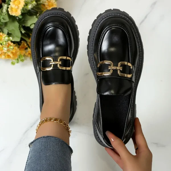 2024 Female Shoes Women Fashion Mary Janes Round Toe Flats Loafers Oxfords Platform Casual Metal Chain Buckle Ladies Heels Black