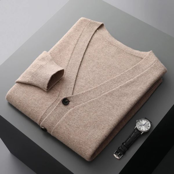 100 merino wool mens cardigan cashmere sweater autumn and winter knitted coat solid color long sleeve high quality 240918