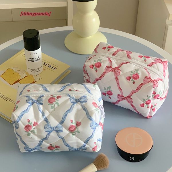 Bow Rose Pattern Women Makeup Pouch Cotton Padded Cute Cosmetic Ladies Travel Storage American Mini Organizer Clutch Bag H7.4#12 ddmypanda