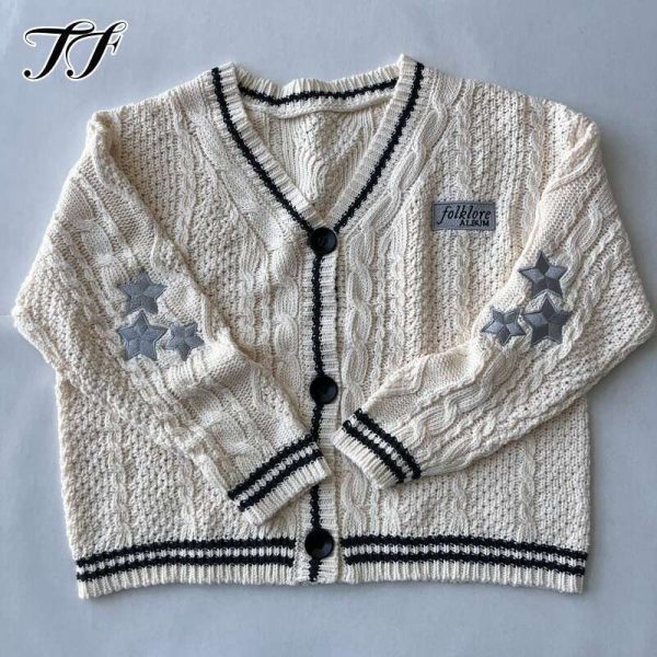 Beige Folklore Knitted Women Letter Patch With Star Embroidered Sweater Female Winter Autumn Casual Cardigan Coat Mujer