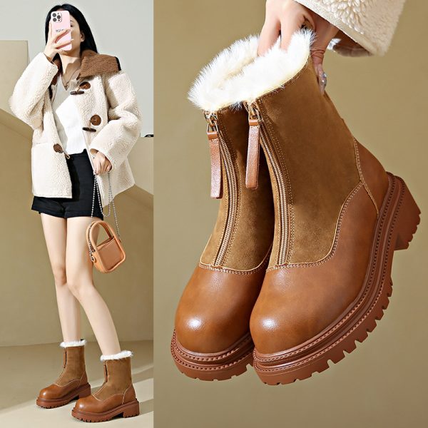 Women's Fashion Boots:Vintage Style Plus Size Thick Sole Chunky Heel Martin Boots Winter Round Toe,Black/Brown,Free shipping