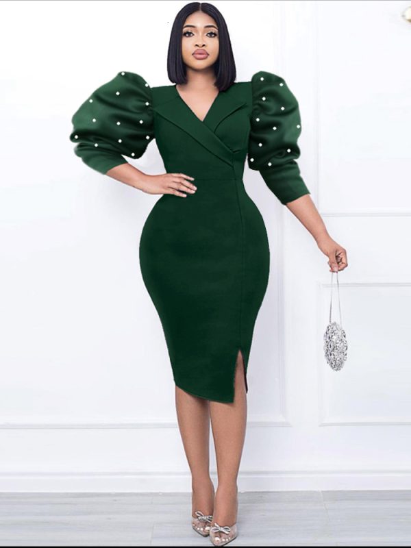 AOMEI V Neck Midi Dresses For Ladies Half Puff Sleeve Dark Green High Waist Bodycon Slit Elegant Office Work Evening Party Gowns