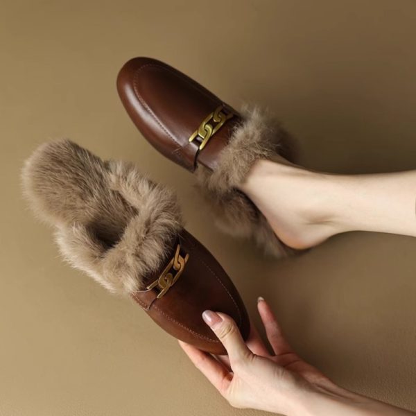 Women's Mules Fluffy Loafers Metal Chain Slip on Plush Shoes New Winter Cover Slippers Warm Slides Female Leather Flats 1664N