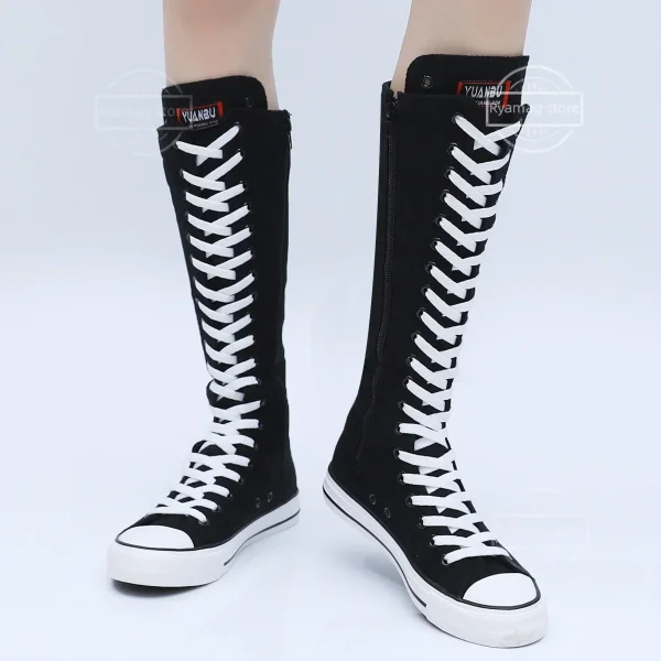 Boots Women Sneakers Canvas Casual High Top Shoes Long Boot Lace-Up Zipper Comfortable Flat Boot Sneakers Tenis Feminino