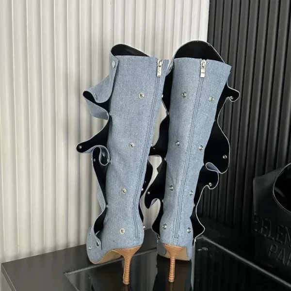 Wrinkled Metal Buttons Spliced Denim Boots 2023 Women Fashion Show Folding High Barrel Boots 34-45 Auto Show Model Fashion Boot