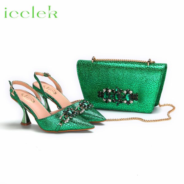 2024 Newest INS Style Green Color Elegant High Heels Nigeria Popular Design African Ladies Shoes And Bag Set for Wedding Party