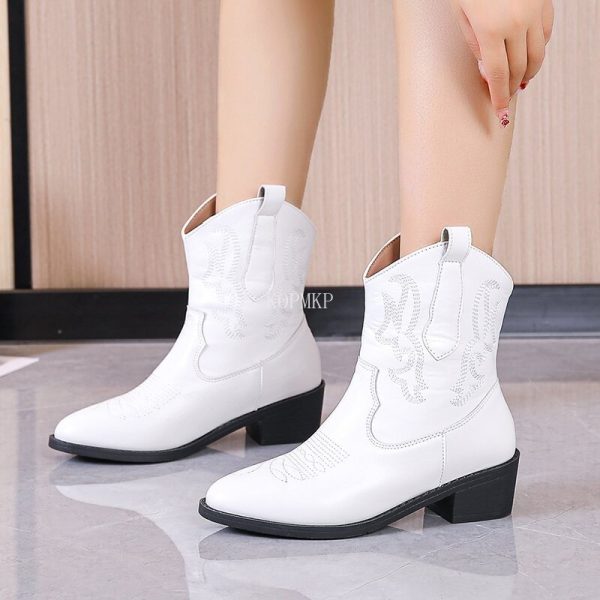 2023 PU Embroidered Boots Women Pointed Toe Square Heel Autumn Winter Long Boots Leather Handmade Mid-Calf Boots WESTERN 36-43