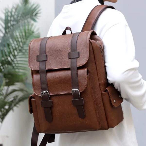 2024 Mens Backpack PU Leather Big Backpack Laptop Backpack Mens Mochilas Black Backpack Teen Boys Brown Sac A Dos 240918