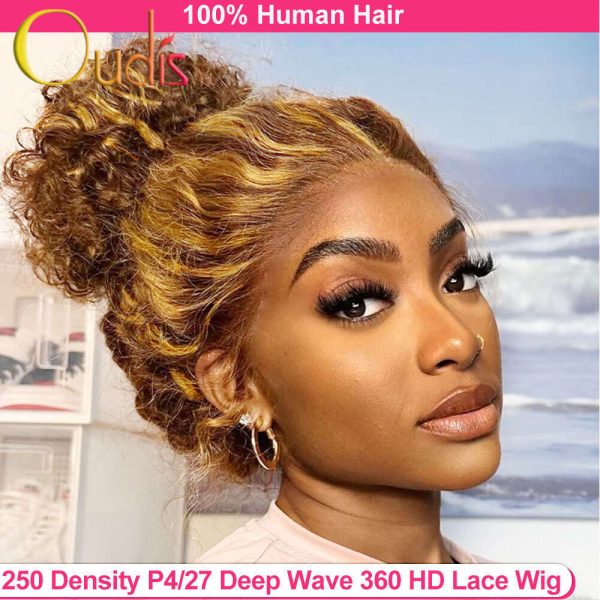 250 Density Highlight P4/27 Blonde 360 Full Hd Lace Front Pre Plucked 30 Inch Glueless Deep Wave Frontal Wig Human Hair