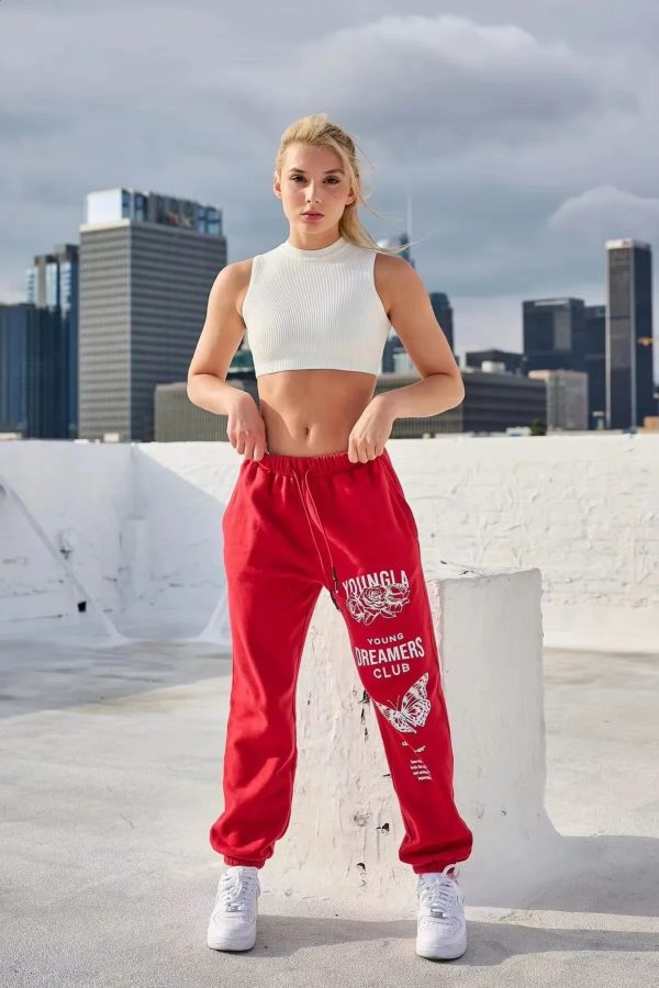 2024 ladies sweatpants youngla bodybuilding running training pants cotton terry printed bouquet foot streetwear 240910