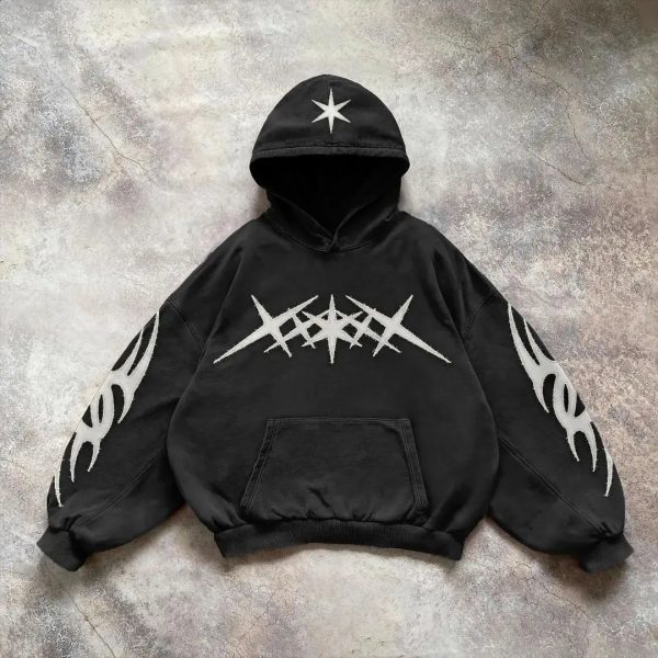 Y2k retro black star patch work hoodie fashionable loose embroidered hooded sweatshirt Gothic streetwear mens clothing 240921