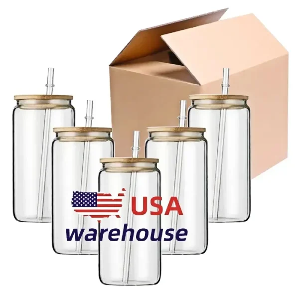 16oz USA Warehouse Water Bottles DIY Blank Sublimation Can Tumblers Shaped Beer Glass Cups with Bamboo Lid and Straw for Iced Coffee Soda