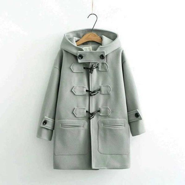 Womens autumn and winter mid length wool hooded jacket 2023 cow horn buckle casual solid color jacket college style velvet jacket W240921