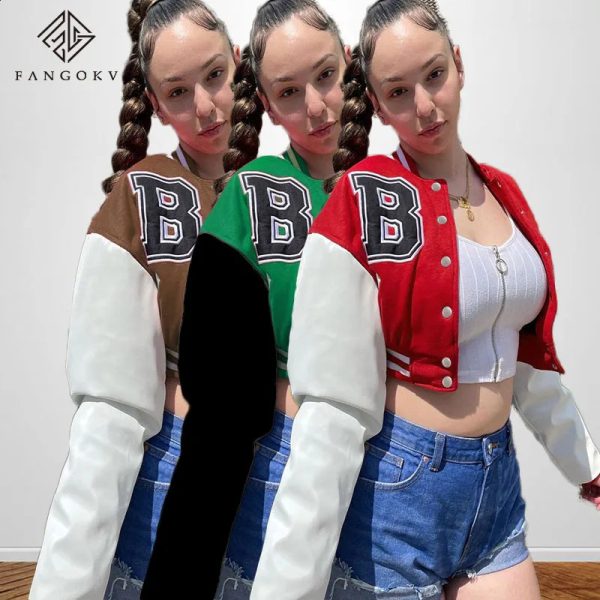 Y2k Fall Baseball Fashion Fall Jackets For Women Patchwork Button Black Crop Top Jackets Coats Red Varsity Bomber Jacket 240910