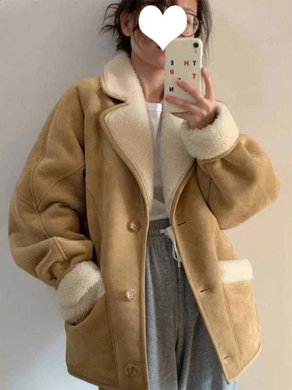 Women Winter Fleece Thickened Lamb Fur Jacket Sheepskin Suede Leather Coat Fashion Lamb Fleece Parka Women Outerwear 240918