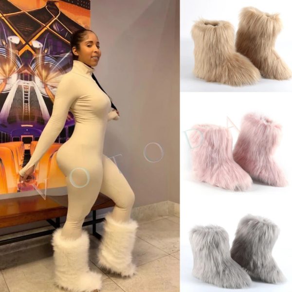 Women Warm Fur Boots Woman Winter Plush Faux Fur Snow Boots Ladies Furry Outdoor Slip On Shoes Female Cozy Fuzzy Cotton Boot 240910