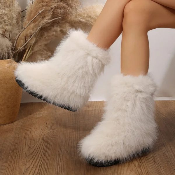 Women Winter Slip on Ski Boots Women Middle Calf Platform Round Toe Plush Warm Mid Heel Casual Women Fluffy Hairy Snow Boots 240910